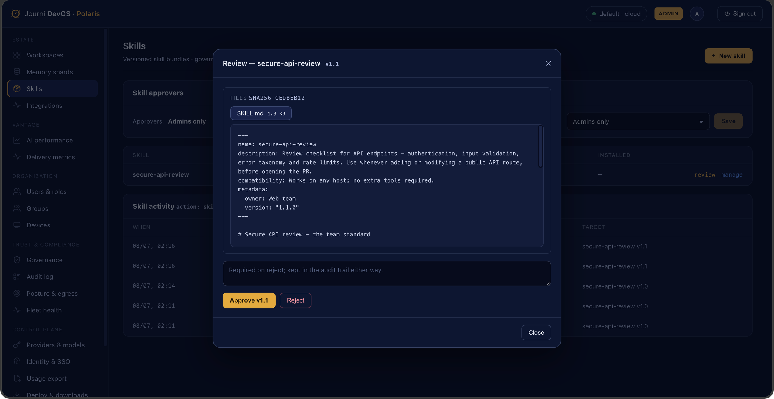 Polaris skills review — SKILL.md contents with content hash, approve or reject